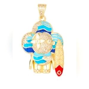 14K Gold Surfer Flower Doll Micro Pavé Iced Out Bling Drip Hip Hop Necklace